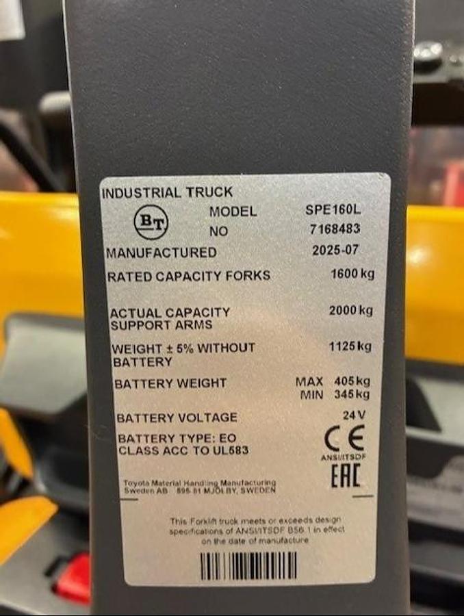 2025 BT SPE160L walkie fork‑over stacker – manufacturer data plate