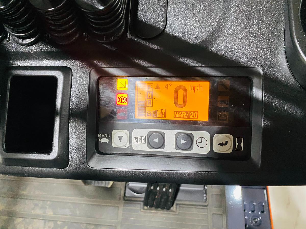 Digital display of Toyota 8FBCU20 COM electric sit-down forklift showing battery status, hour meter, and CSA-certified interface – unit staged in Brampton ON