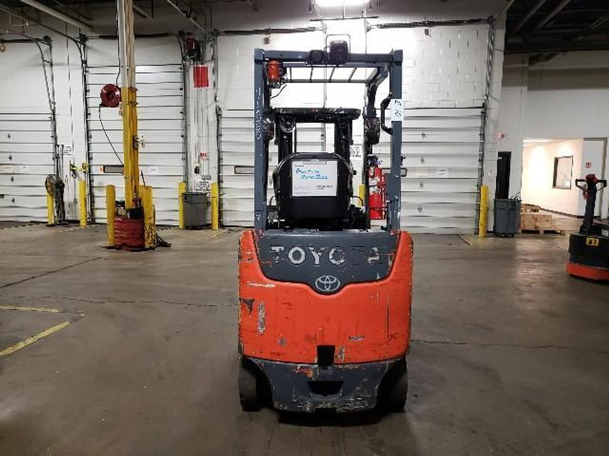 2020 Toyota 8FBCU20 electric forklift rear view with overhead guard"