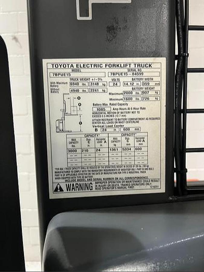 Data plate of Budget Toyota 7BPUE15 order picker showing model, serial, and capacity information.