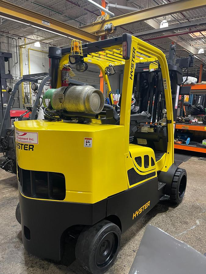 2017 Hyster S120FTPRS – rear side angle – CSA‑certified 12,000 lb LPG cushion forklift with 4‑way hydraulics and 48” forks”