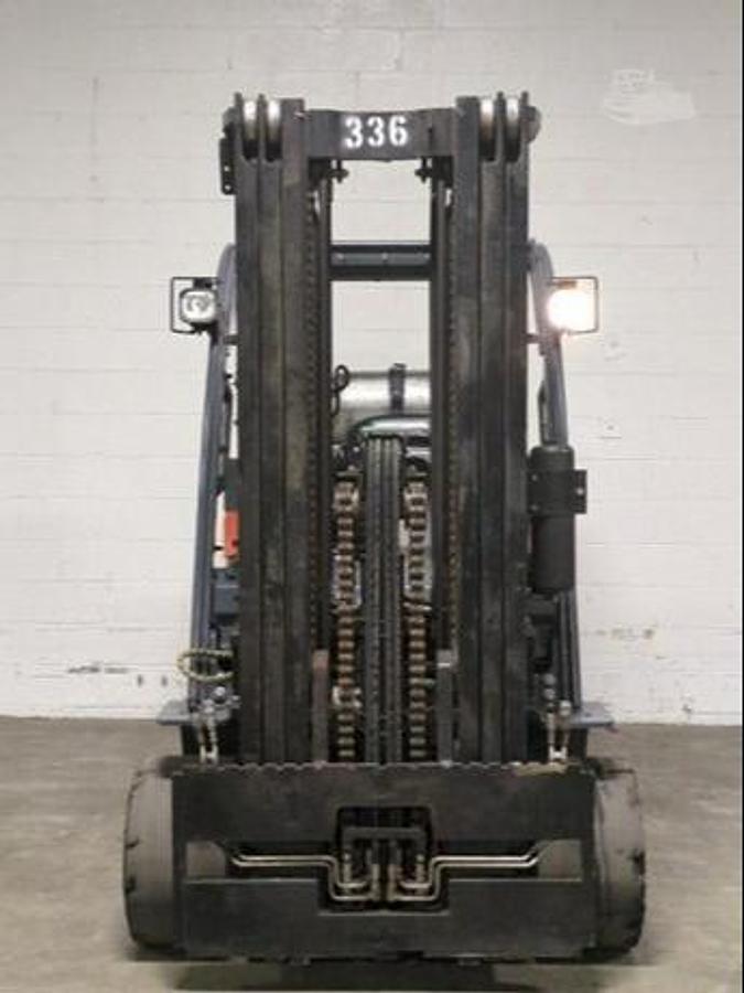 Front view of 2019 Toyota 8FGC45U-BCS forklift showing triple-stage mast, 45” forks, side shift carriage, and CSA-certified overhead guard – unit staged in Brampton ON