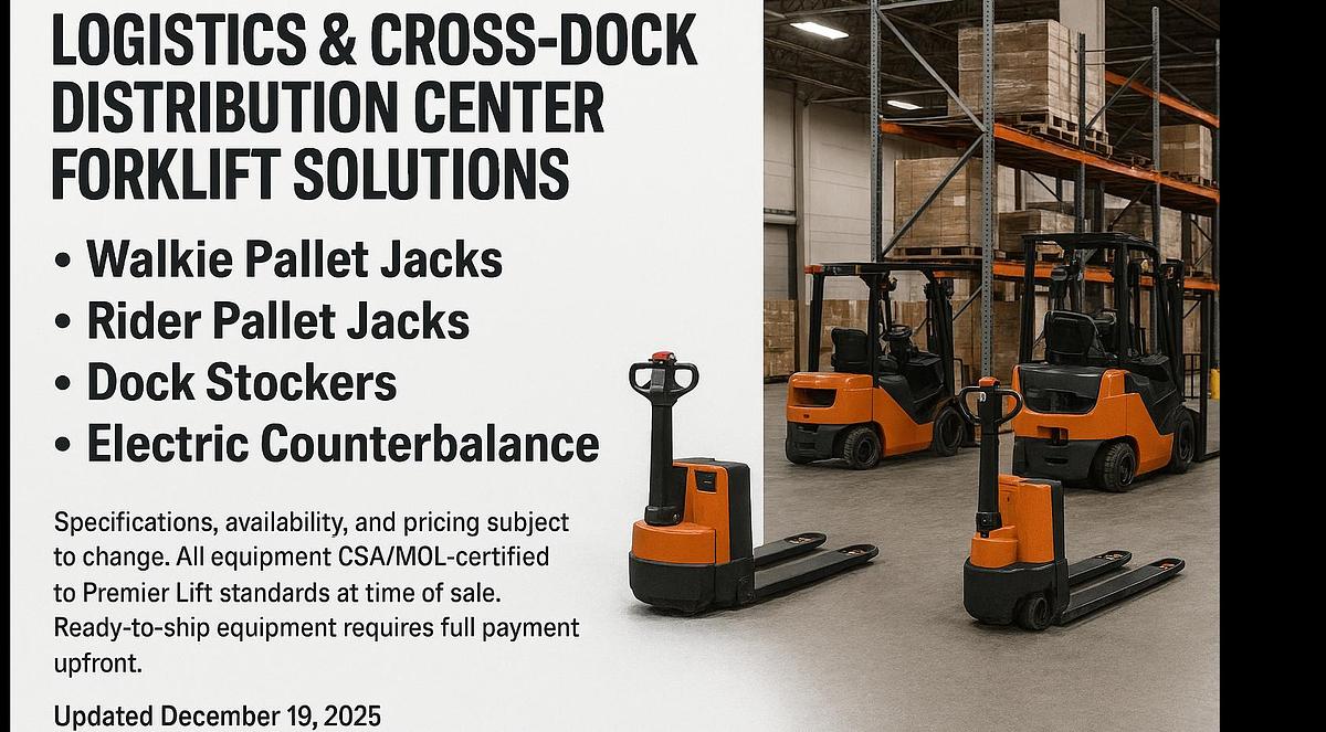 CSA‑certified walkie and rider pallet jacks operating in a high‑throughput logistics cross‑dock distribution center with dock stockers and electric forklifts.