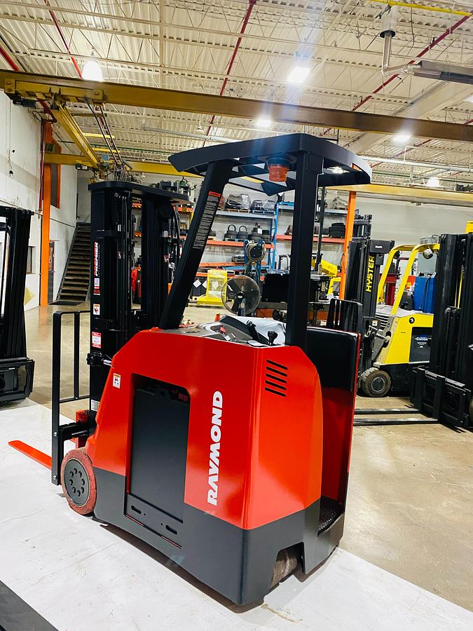 Rear angle of Raymond 425-C35TT – battery compartment, CSA inspection decals, and UL/EE fire-safe upgrades visible