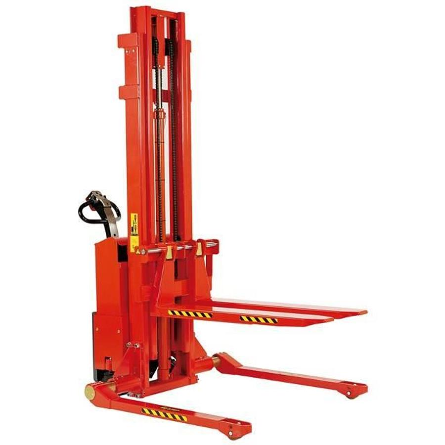 Side view of sold new 2021 Interthor Logiflex SELFS MAXI 1002 electric walkie straddle stacker showing 42" forks, adjustable straddle legs, battery compartment, and CSA certification decal during Brampton deployment.