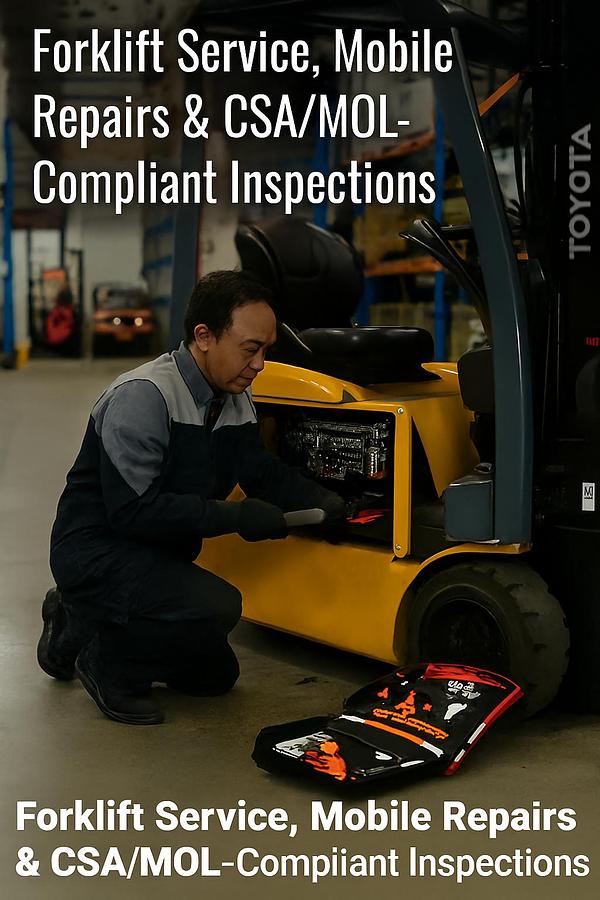 CSA-certified forklift technician performing mobile repairs on a Toyota forklift inside a warehouse, representing Premier Lift’s audit-ready service across the GTA