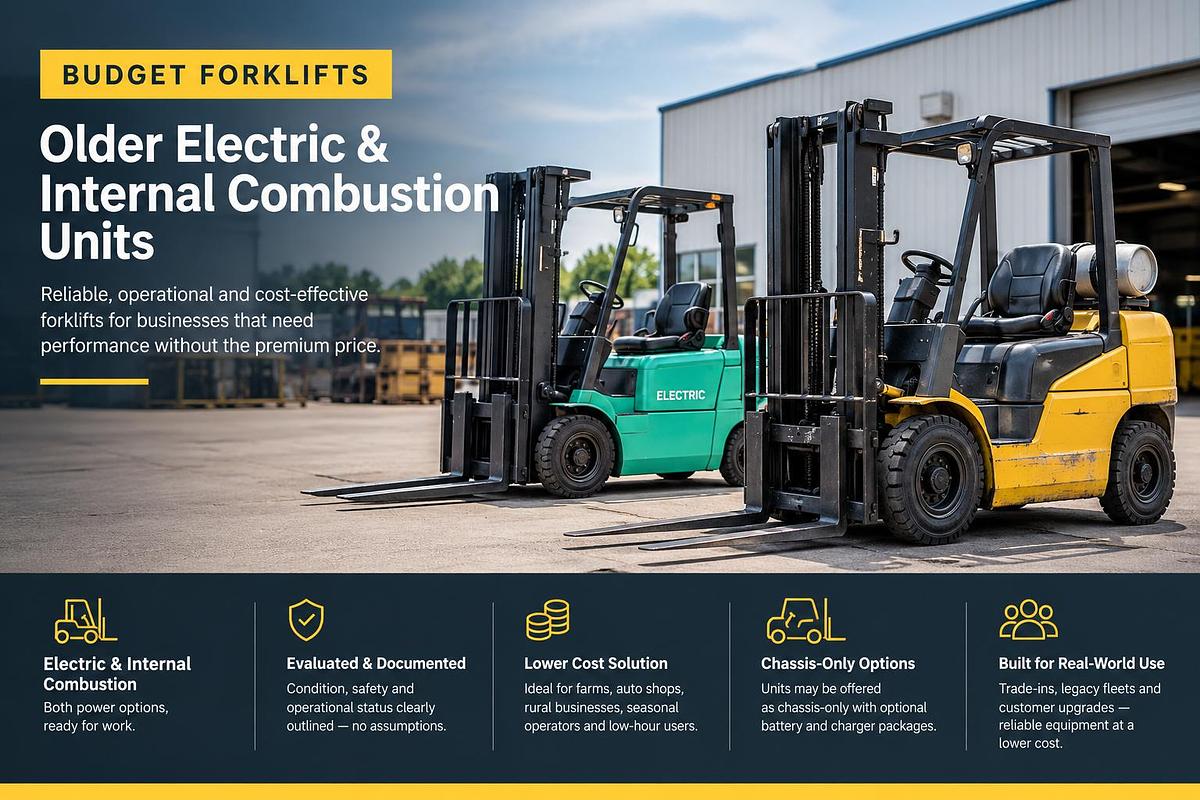 Older electric and internal combustion forklifts offered as chassis‑only budget options with clear documentation and buyer‑fit transparency