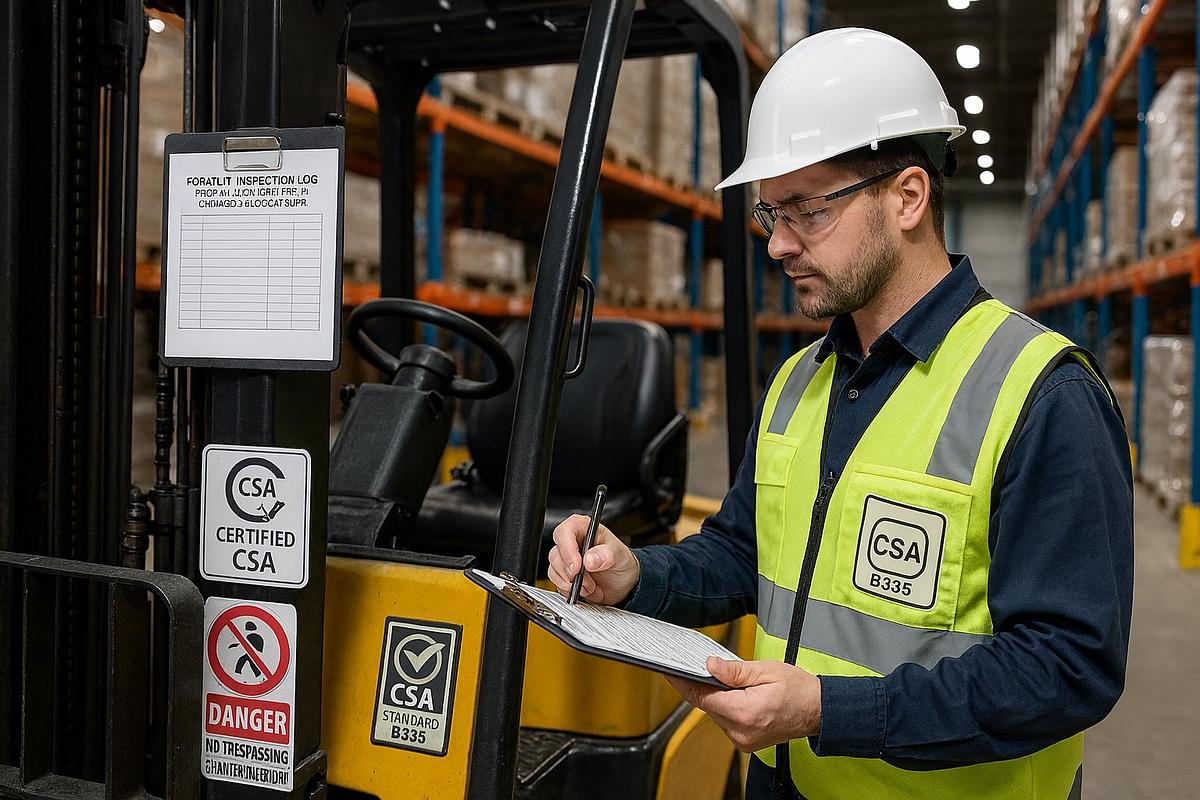 CSA-certified technician inspecting forklift with bilingual signage, inspection checklist, and safety decals in warehouse