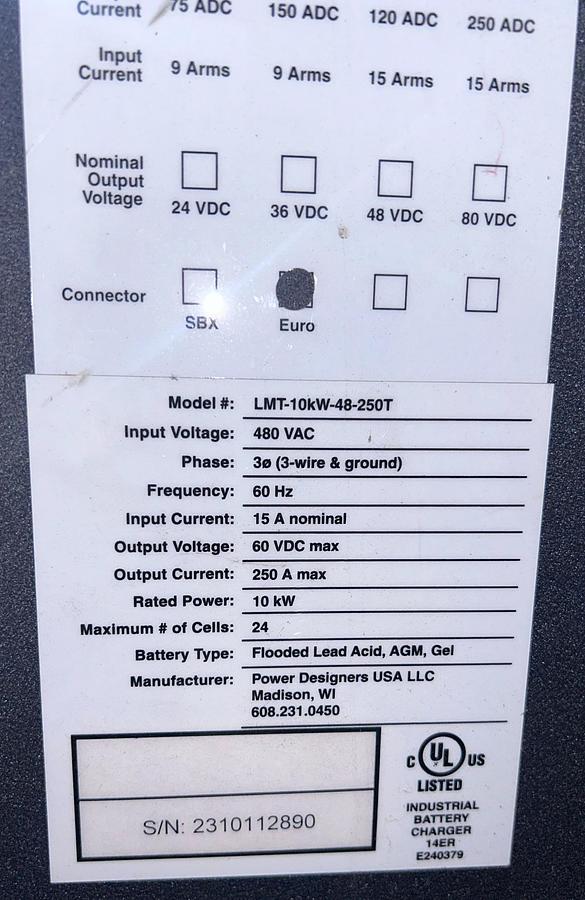 “Power Designers charger dataplate showing model LMT‑10kW‑48‑250T, 48V 250A output, 1000–1200 Ahr compatibility, and 480V 3‑phase input.”