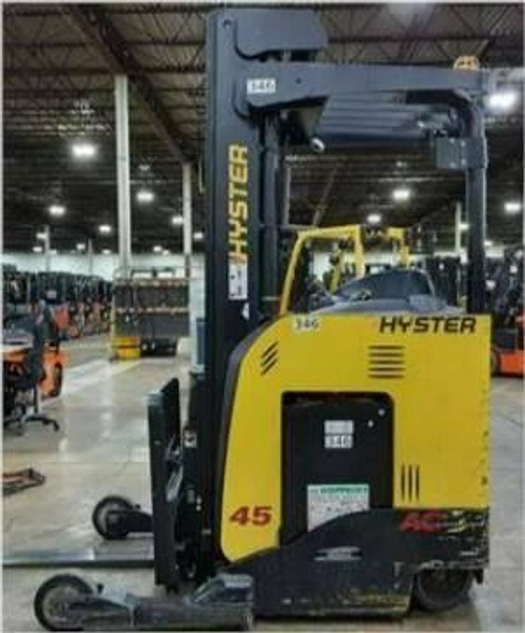 Opposite side view of refurbished 2018 Hyster N45ZR2 electric reach truck showing counterweight, operator compartment, 224" mast, 42" forks with load backrest, cushion tires, and CSA certification decal during Ontario deployment.