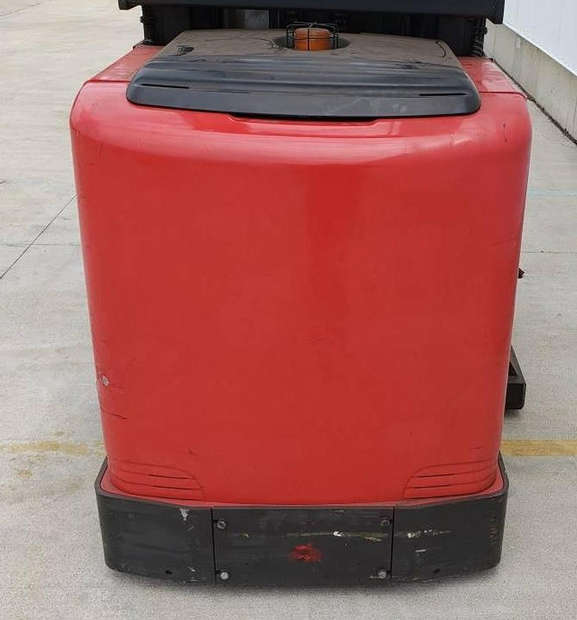 Rear view of refurbished 2013 Raymond 550-OPC30TT electric order picker showing counterweight, battery door, and rear chassis panel during Mississauga deployment