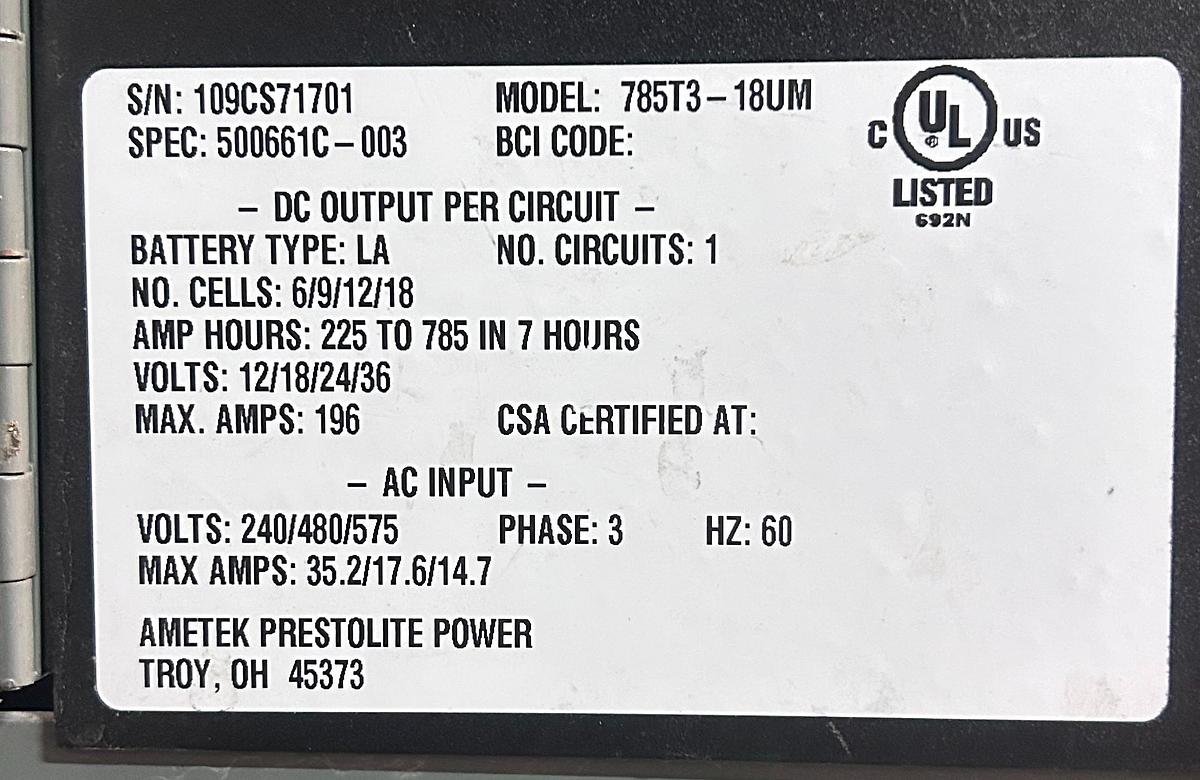 “Ametek Prestolite charger dataplate showing model 786513‑18UM, serial 10GSG77701, 24V 228A output, 12‑cell lead‑acid specs, and 208/480/575V 3‑phase input.”