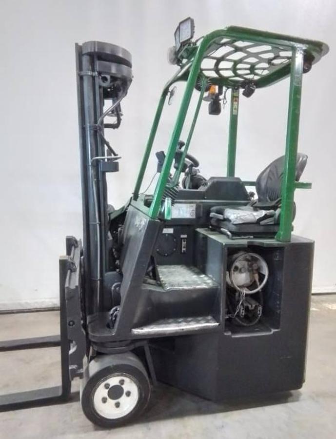 Side view of refurbished 2017 Combilift CB6000 LP Gas multi‑directional forklift showing 42" forks, side‑shifting fork positioner, 192" mast, and CSA certification decal during Ontario deployment.