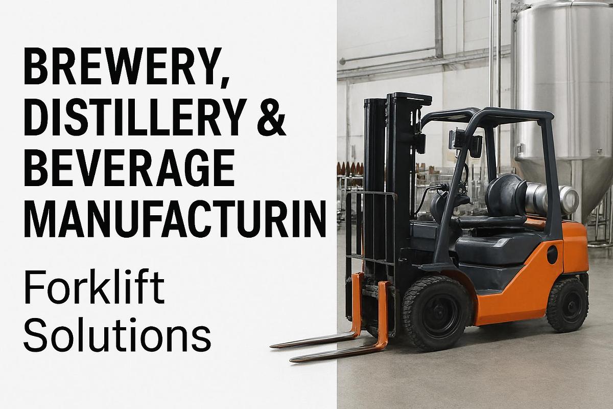 CSA‑certified propane forklift with pneumatic tires loading and unloading beverage pallets outside a brewery facility.