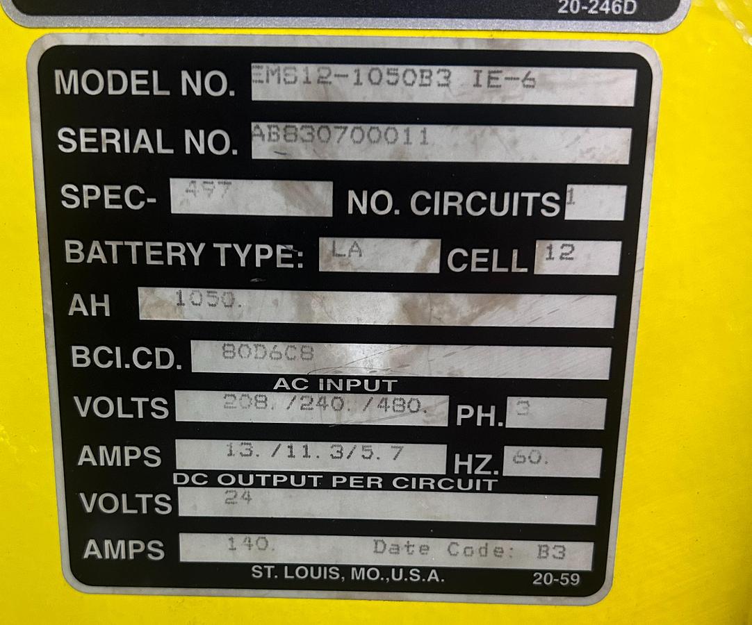 “MS1R‑1050B3 1E‑6 charger dataplate showing model, serial AB830700011, 24V 240A output, 12‑cell lead‑acid specs, and 208/240/480V 3‑phase input.”