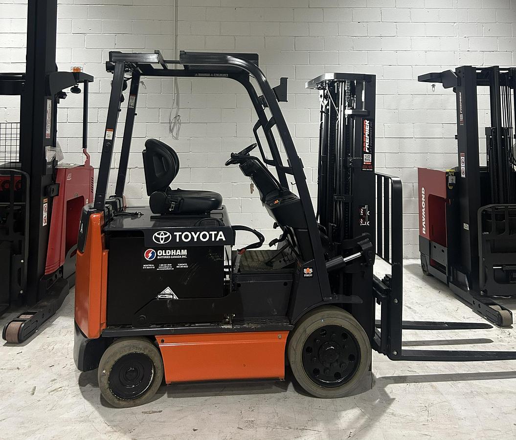 Refurbished Toyota electric counterbalance forklift 3-stage mast view Premier Lift Equipment GTA.