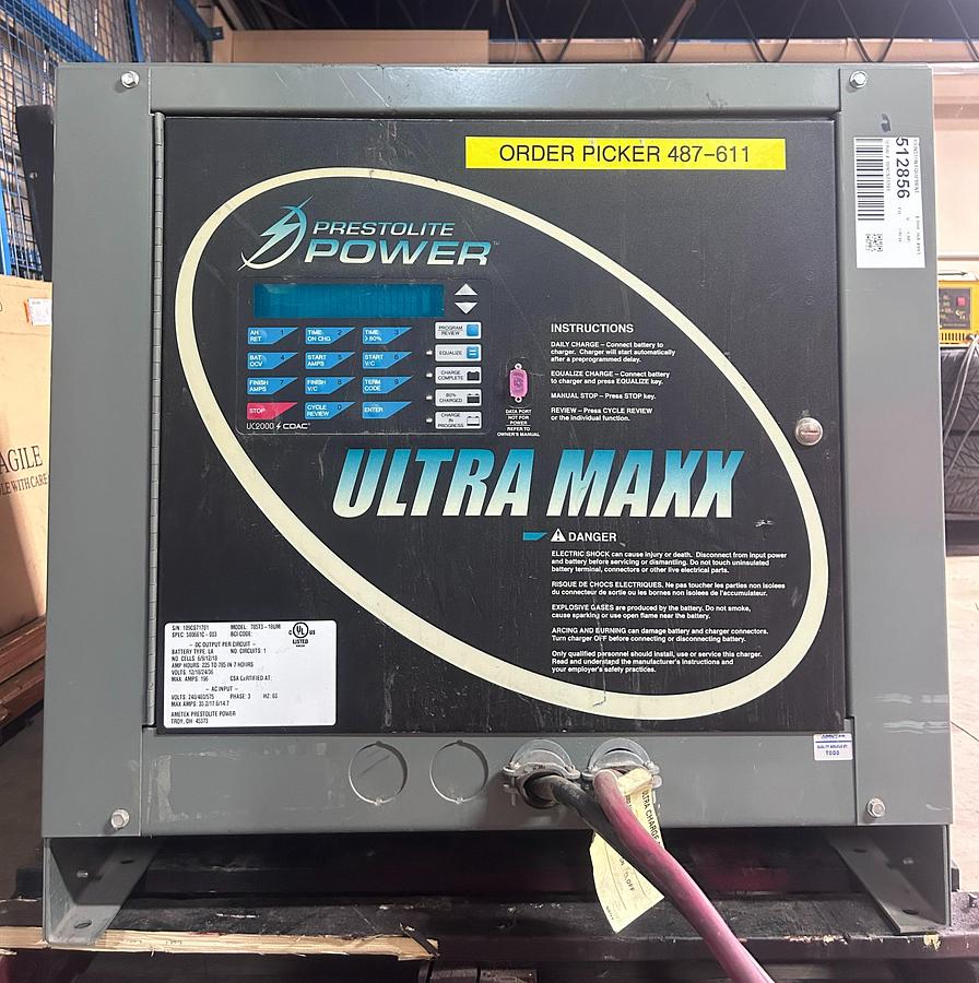 “Ametek Prestolite 786513‑18UM forklift battery charger, 24V 228A lead‑acid unit with CSA certification.”