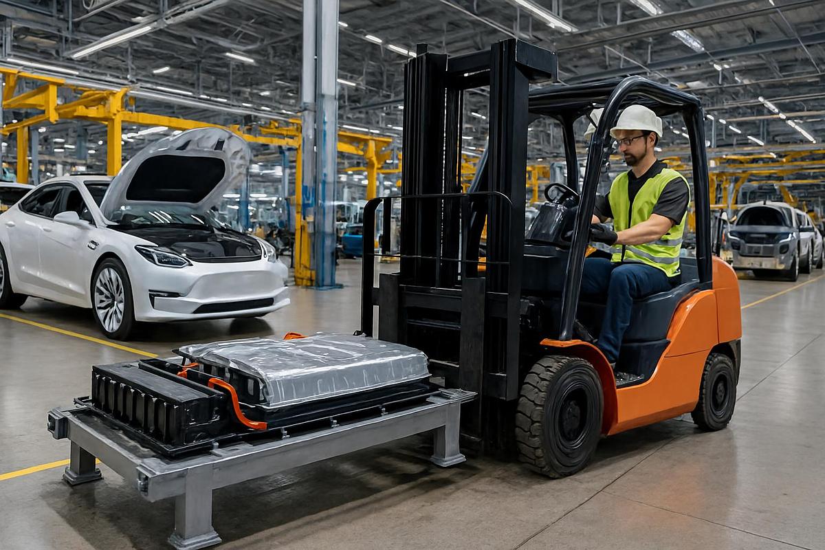 CSA-certified electric forklift transporting a lithium-ion EV battery pack inside a modern automotive assembly plant, operated by a technician in full safety gear.