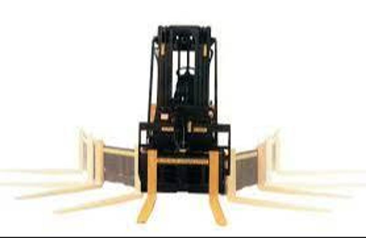 Front view of swing mast forklift operating in a narrow aisle warehouse, electric model with articulating mast reaching into high-bay racking, 3,000–5,500 lb capacity