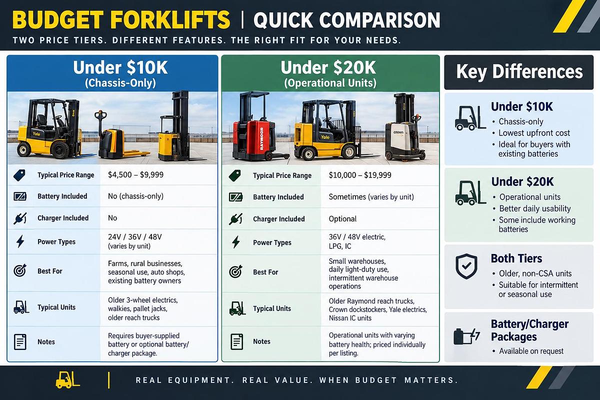 BUDGET FORKLIFTS — QUICK COMPARISON  Budget Tier: Under $10K (Chassis‑Only)  Typical Price Range: $4,500–$9,999 Battery Included: No (chassis‑only) Charger Included: No Power Types: 24V / 36V / 48V (varies by unit) Best For: Farms, rural businesses, seasonal use, auto shops, existing battery owners Typical Units: Older 3‑wheel electrics, walkies, pallet jacks, older reach trucks Notes: Requires buyer‑supplied battery or optional battery/charger package Budget Tier: Under $20K (Operational Units)  Typical Price Range: $10,000–$19,999 Battery Included: Sometimes (varies by unit) Charger Included: Optional Power Types: 36V / 48V electric, LPG, IC Best For: Small warehouses, daily light‑duty use, intermittent warehouse operations Typical Units: Older Raymond reach trucks, Crown dockstockers, Yale electrics, Nissan IC units Notes: Operational units with varying battery health; priced individually per listing Key Differences  Under $10K = Chassis‑only, lowest upfront cost, ideal for buyers with existing batteries Under $20K = Operational units, better daily usability, some include working batteries Both tiers = Older, non‑CSA units suitable for intermittent or seasonal use Battery/charger packages available on request