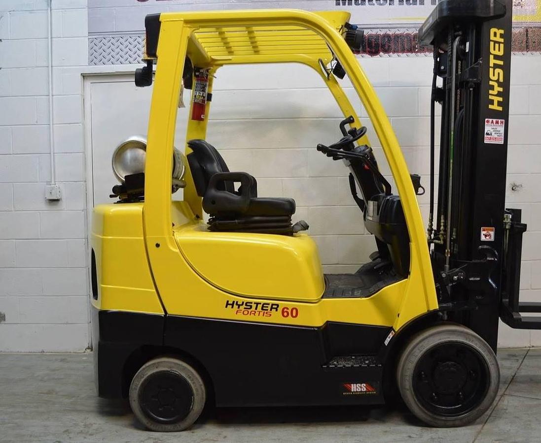 2017 Hyster S60FT CSA propane forklift Brampton 6000 lb 187” triple mast side shift cushion tires indoor warehouse export-ready