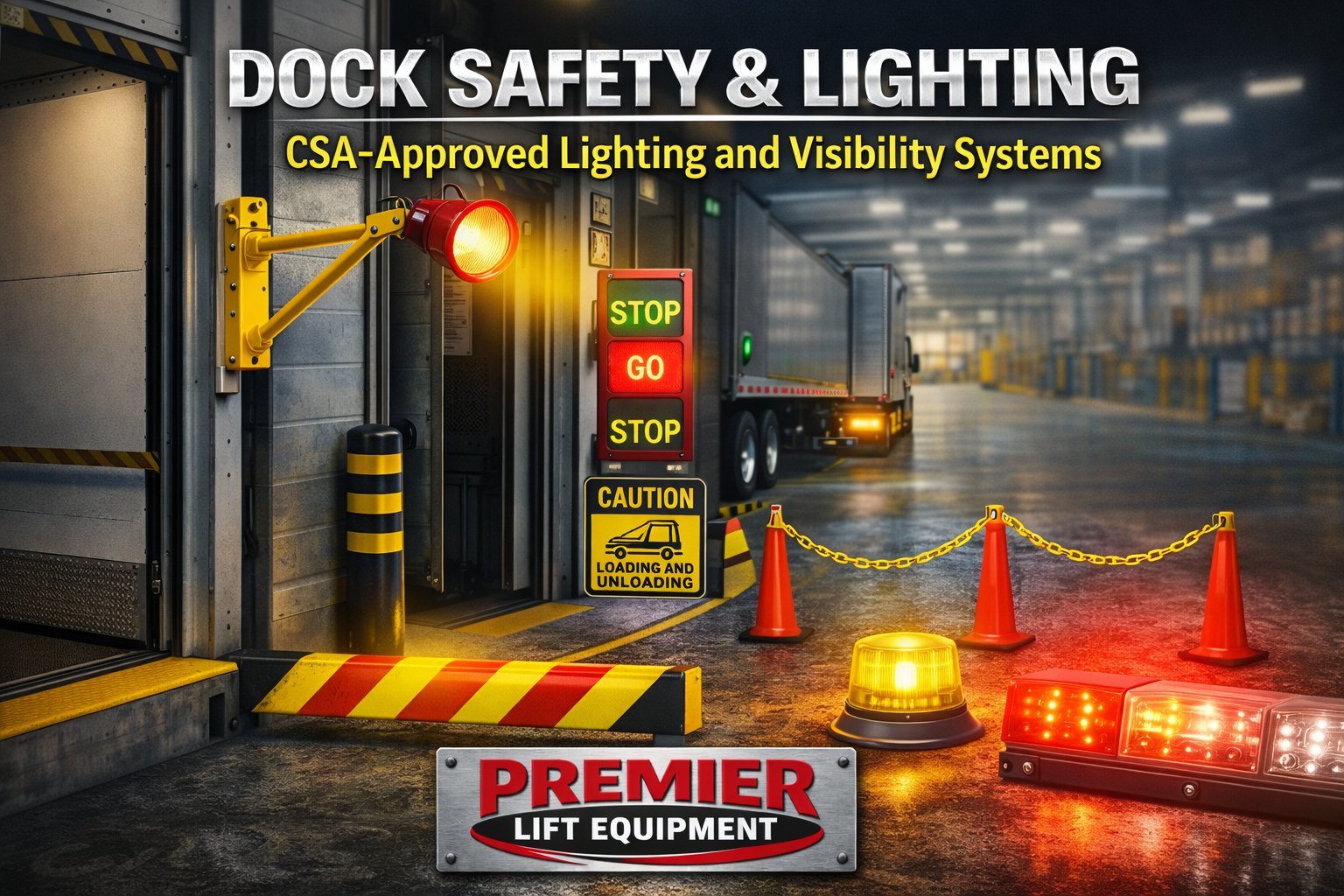 CSA‑approved dock safety and lighting equipment including LED dock lights, trailer‑visibility systems, and loading‑bay protection tools.