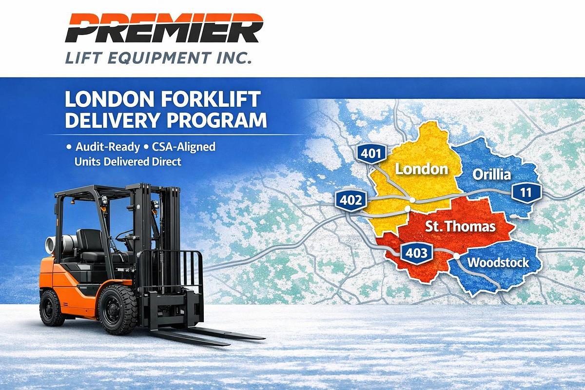 London Forklift Delivery Program — Premier Lift Equipment Inc. logo above an orange and black forklift beside a regional map highlighting London, St. Thomas, and Woodstock with Highways 401, 402, 403 marked; text reads Audit‑Ready • CSA‑Aligned Units Delivered Direct.