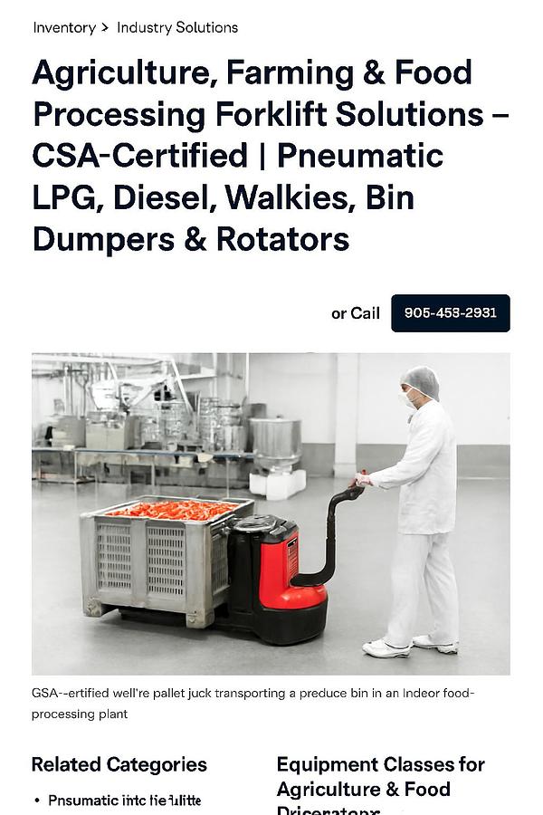 Food‑processing worker in PPE operating a CSA‑certified walkie pallet jack beside stainless‑steel machinery in a clean indoor facility.