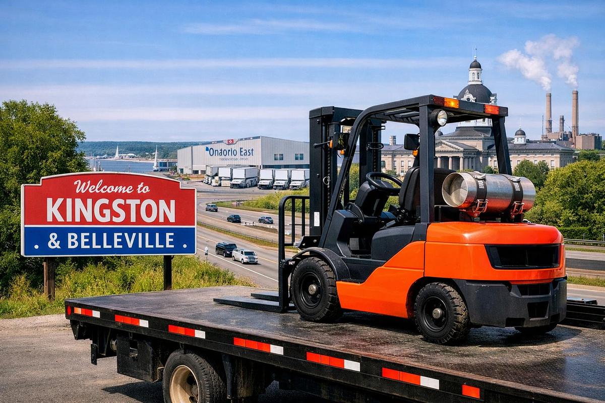 Quinte–Kingston Forklift Delivery Program — orange propane forklift secured on a flatbed overlooking Kingston waterfront, Belleville logistics hub, and Highway 401 corridor; Audit‑Ready • CSA‑Aligned Units Delivered Direct.