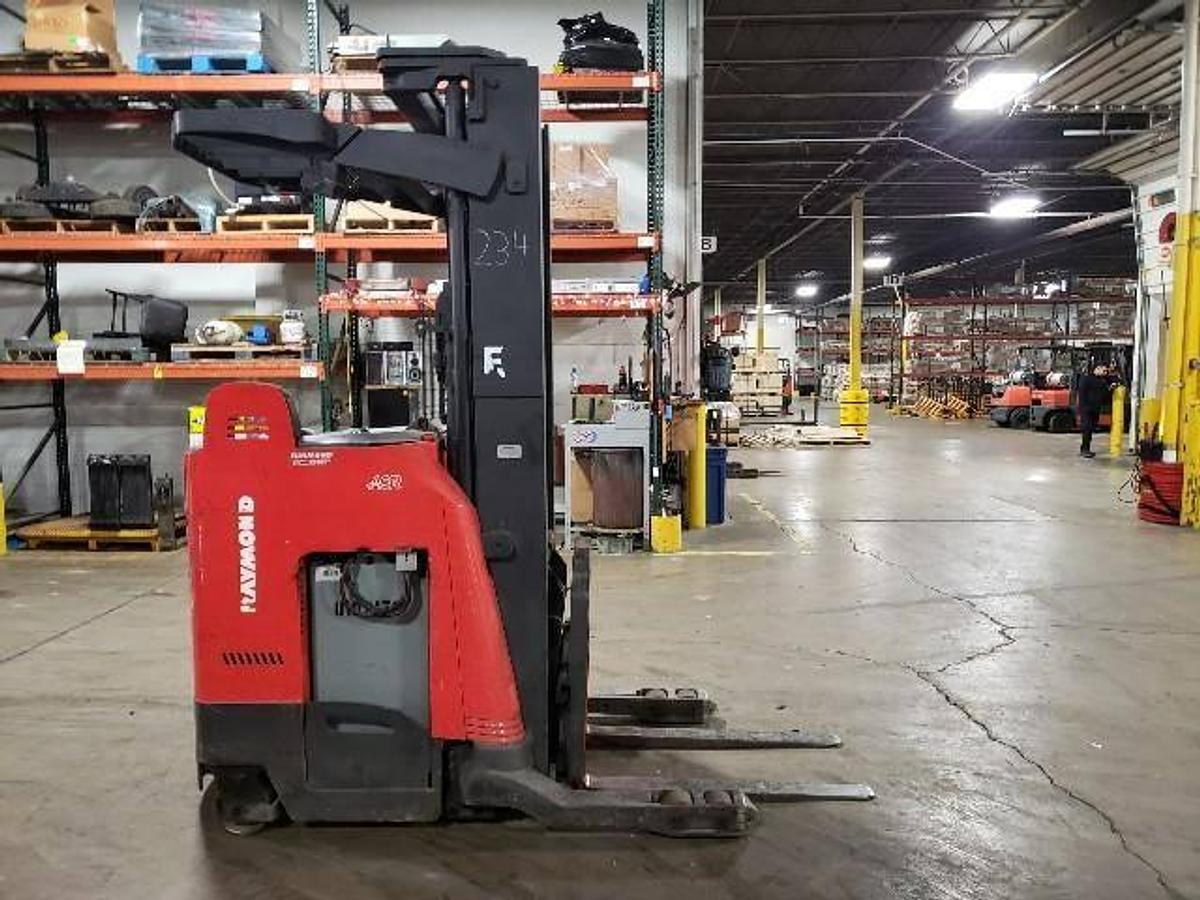Refurbished 2008 Raymond 740R45TT electric reach truck with CSA certification and new paint deployed in Mississauga for narrow aisle warehouse operations