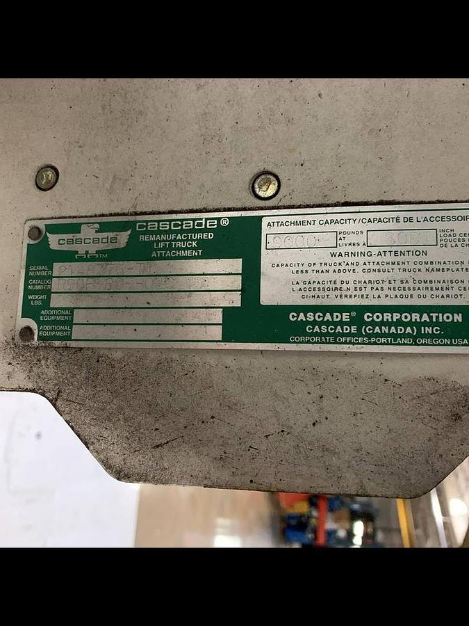 Cascade R90F-RGF-020 – serial number tag close-up – model, clamp rating, manufacturing details – CSA certified roll clamp – Brampton ON