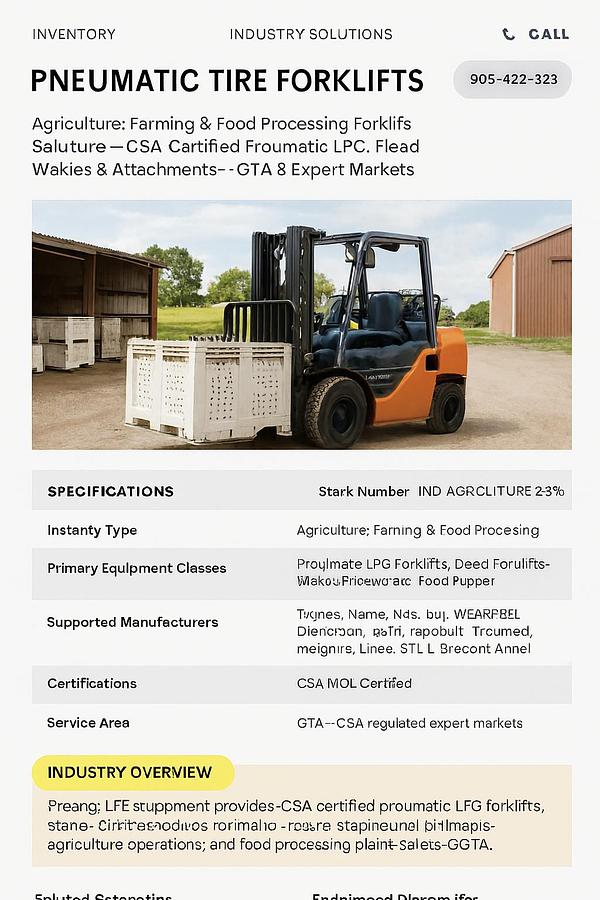 Outdoor LPG forklift raising a harvest bin beside agricultural storage buildings in a farm‑yard environment.