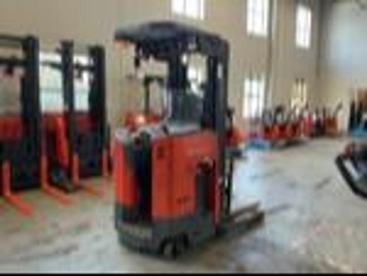 Rear angle view of Toyota 9BRU18 electric reach truck – CSA-certified 3,500 lb warehouse unit with high-visibility overhead guard, poly tires, and reconditioned chassis – Premier Lift Equipment Brampton ON