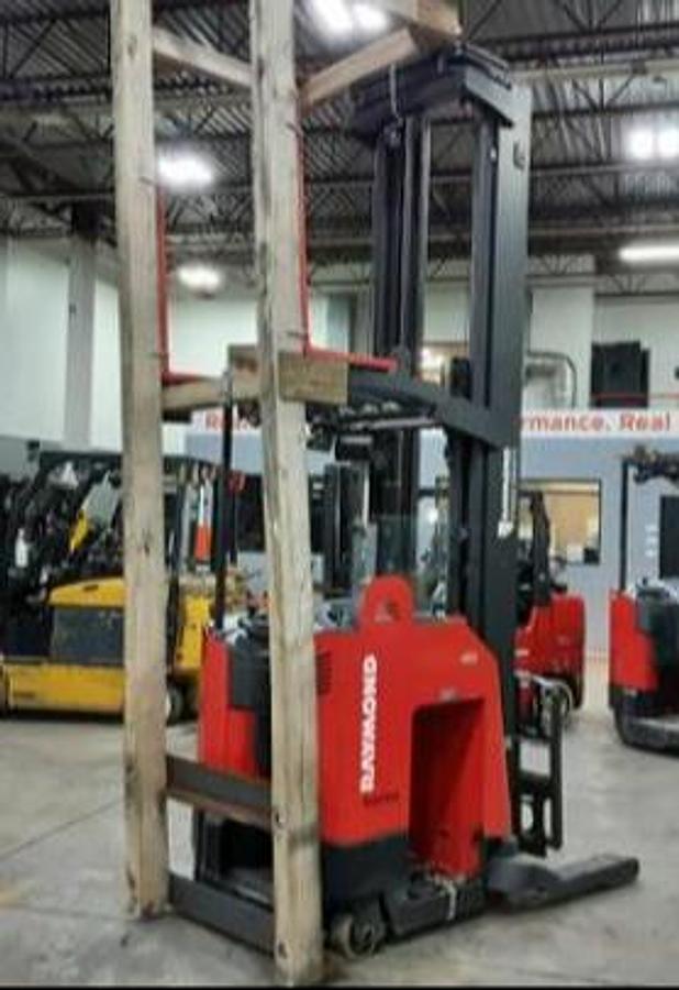 Cradled Front angled view showing mast rails and 42” fork tips