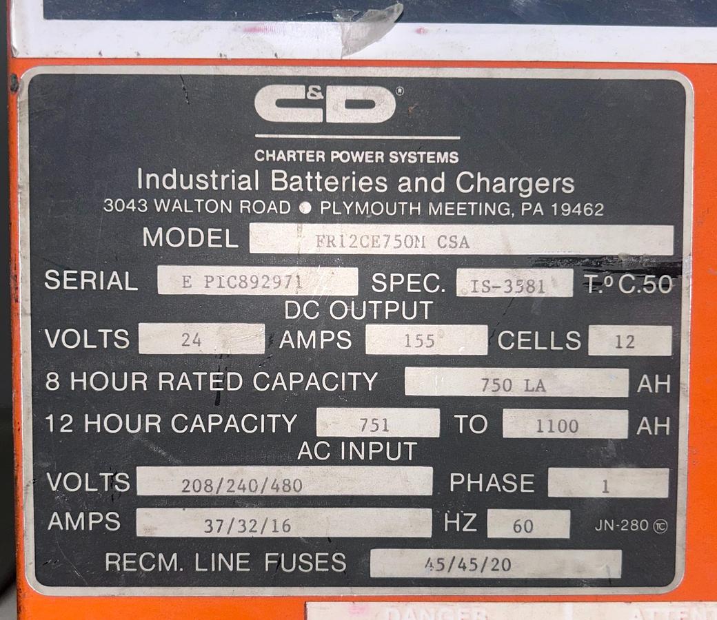 “C&D charger dataplate showing model FR12CET750I, serial E P1C892971, 24V 155A output, 12‑cell lead‑acid specs, and 208/240/480V single‑phase input.”