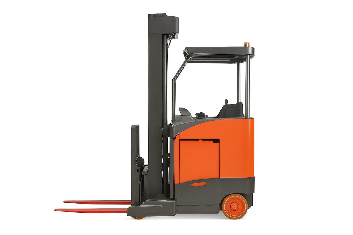 Single‑reach electric reach truck operating in a narrow‑aisle warehouse environment