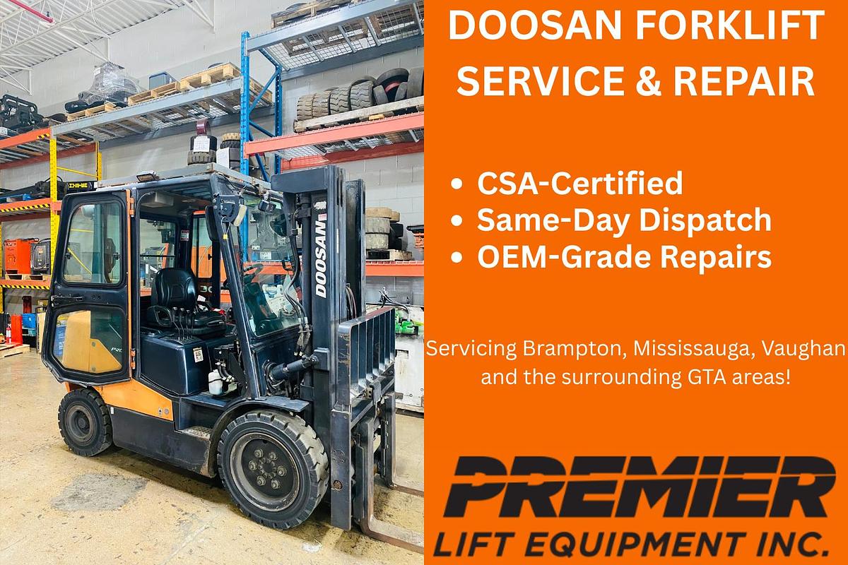 Doosan Bobcat Forklift Service – Front Mast & Carriage Close-Up, CSA/MOL Repairs, Brampton ON, GTA Coverage