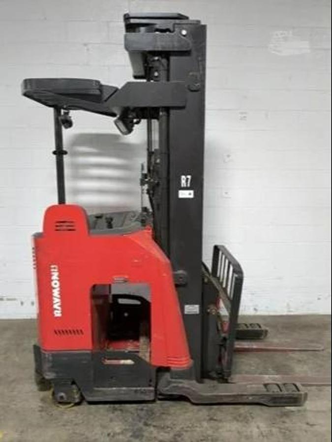 “2019 Raymond 730‑DR30TT deep reach forklift side view – 3,000 lb – 237 inch lift – 36V electric”