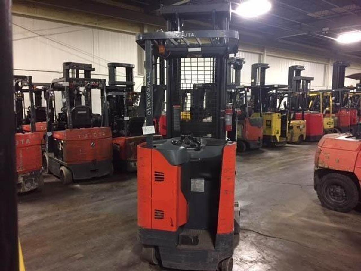 Rear view of CSA-certified 2014 Toyota 8BRU23 electric reach forklift showing counterweight and EE-rated labeling