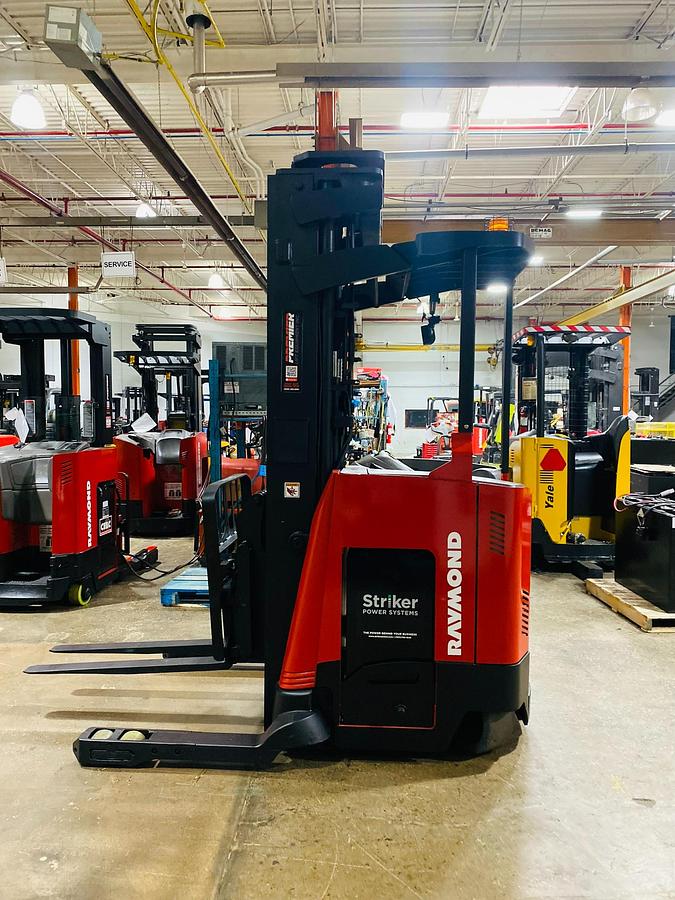 CSA-certified 2017 Raymond 750-R45TT reach truck with 241” mast, side shift, and 36V power. Battery sold separately. Ideal for export and narrow aisles.