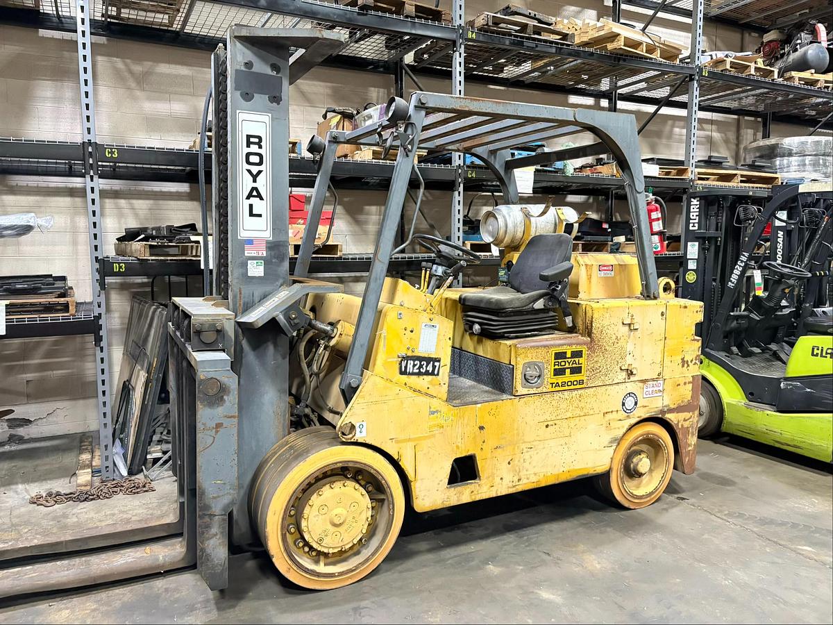 Side view of 1996 Royal TA200B high‑capacity cushion tire forklift with 20,000 lb lift capacity