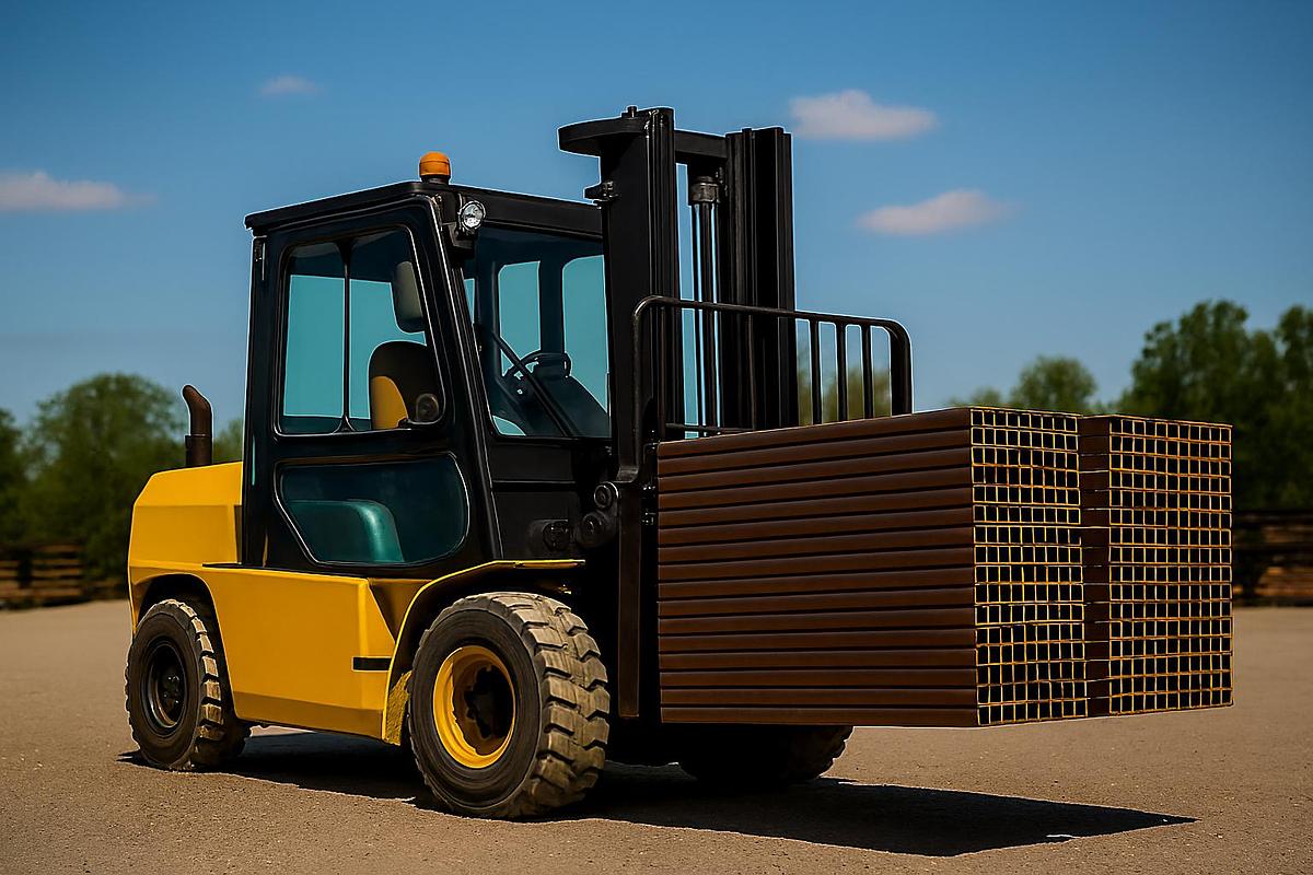 Outdoor diesel forklift with pneumatic tires and enclosed cab lifting heavy steel tubing in a gravel yard, ideal for industrial and construction applications