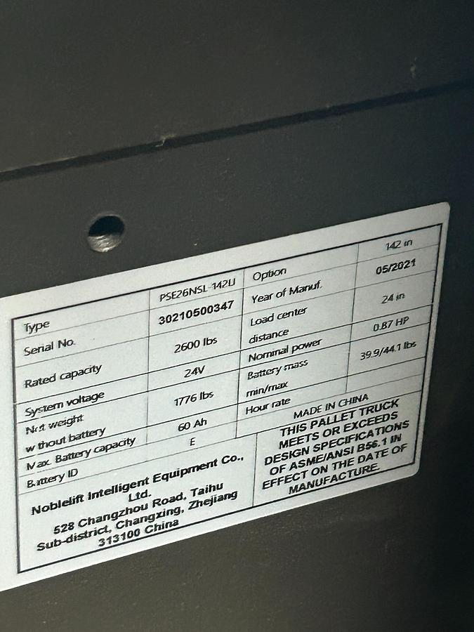 Data plate for Noblelift PSE26NSL‑12LI | 2,600 lb capacity | 24V lithium | 2021 model | Brampton ON