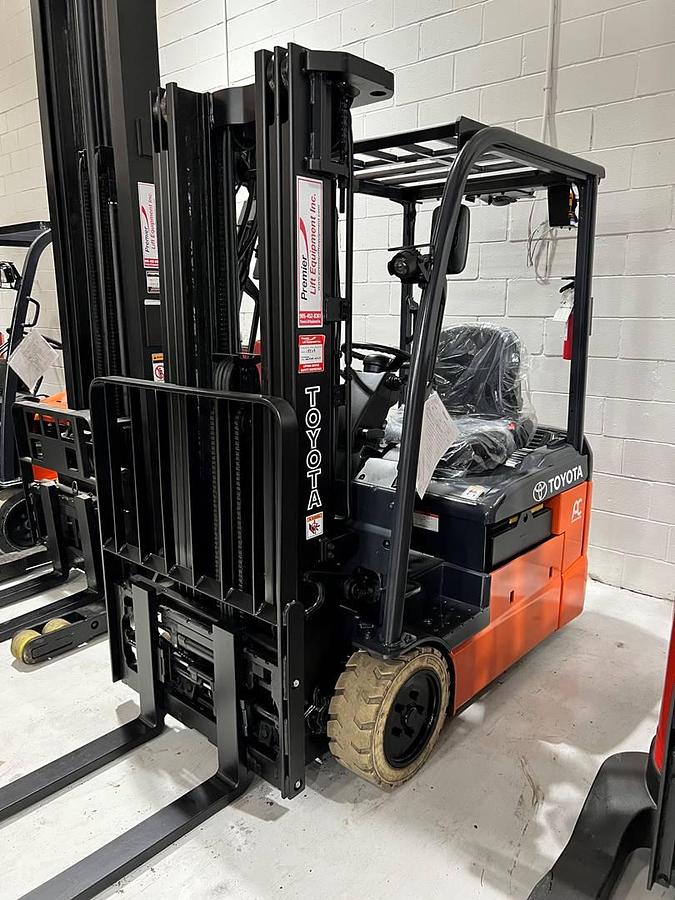 2019 Toyota 8FBE15U CSA electric forklift Brampton 3000 lb 189” triple mast side shift clamp-ready 3-wheel UL/EE rated export-certified