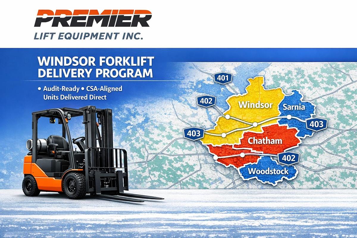 Windsor Forklift Delivery Program — Premier Lift Equipment Inc. logo above an orange and black propane forklift beside a regional map highlighting Windsor, Chatham, and Sarnia with Highways 401, 403, 402 marked; text reads Audit‑Ready • CSA‑Aligned Units Delivered Direct.