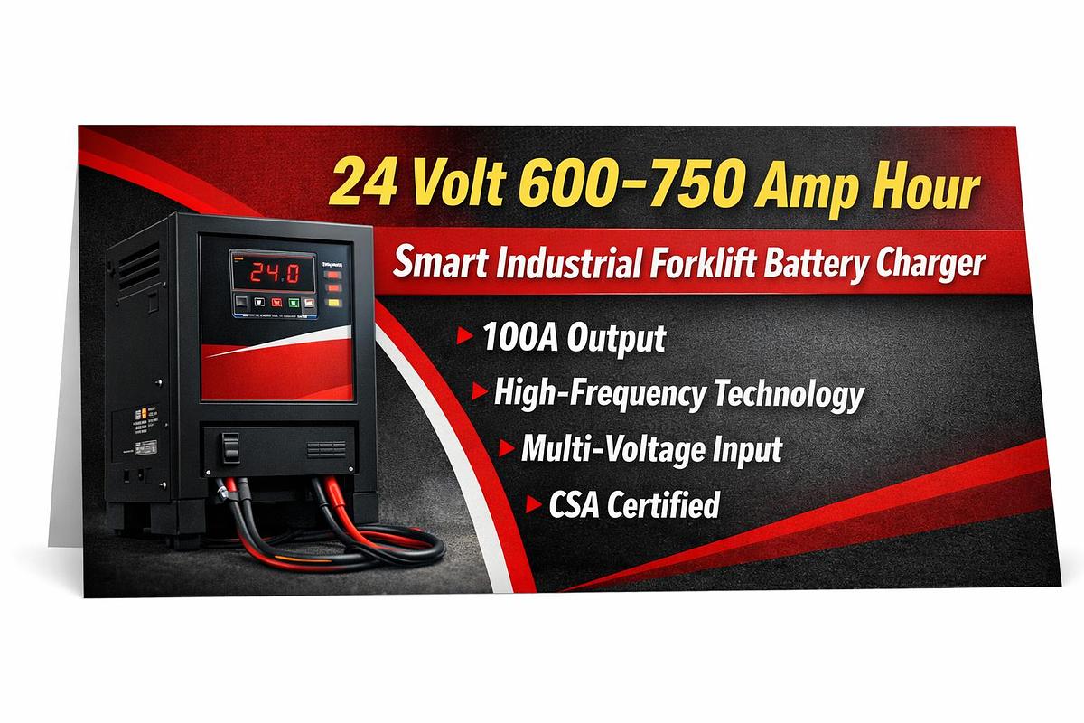 “24V 100A smart high‑frequency forklift battery charger with multi‑voltage input and CSA certification.”
