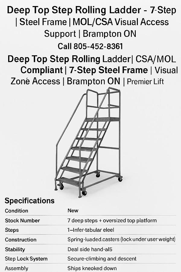 “7‑step Roll‑A‑Fold safety ladder with perforated tread and removable handrails for CSA/MOL warehouse access.”