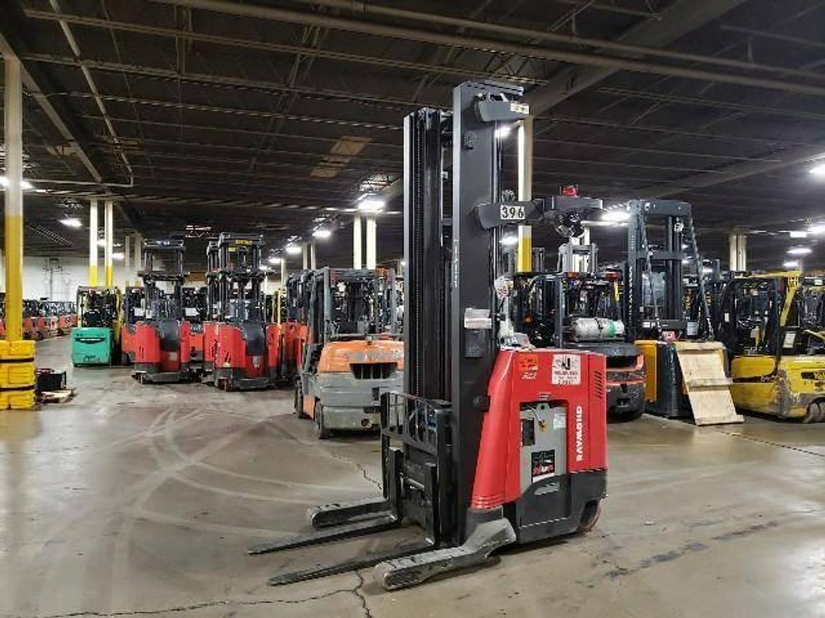 Refurbished 2015 Raymond 750-R45TT electric reach truck with CSA certification and new paint deployed in Mississauga for narrow aisle warehouse operations