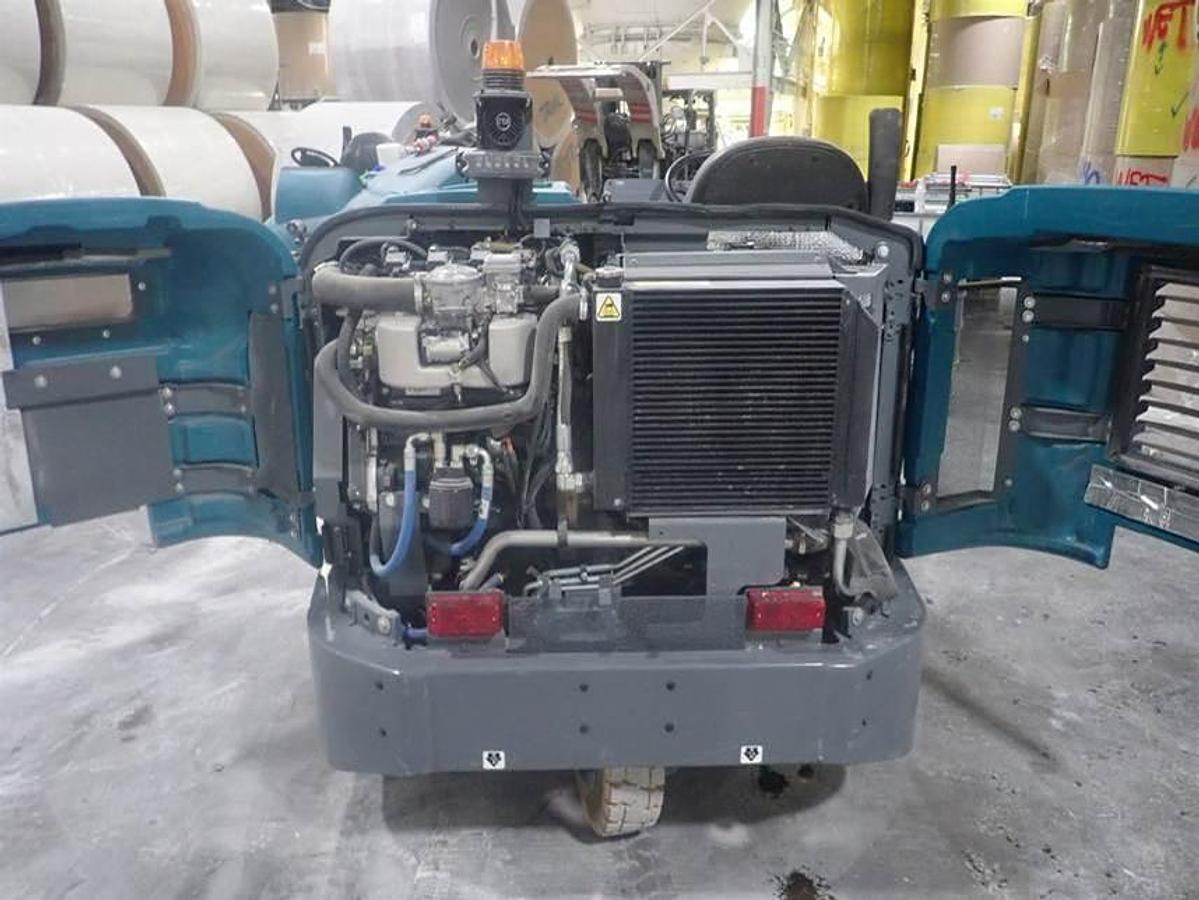 "2023 Tennant S30 LP rider sweeper rear view with service compartment open