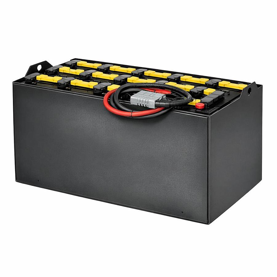 48V industrial forklift battery — black steel case with yellow cell caps and red/black quick‑connect cables on a white background.